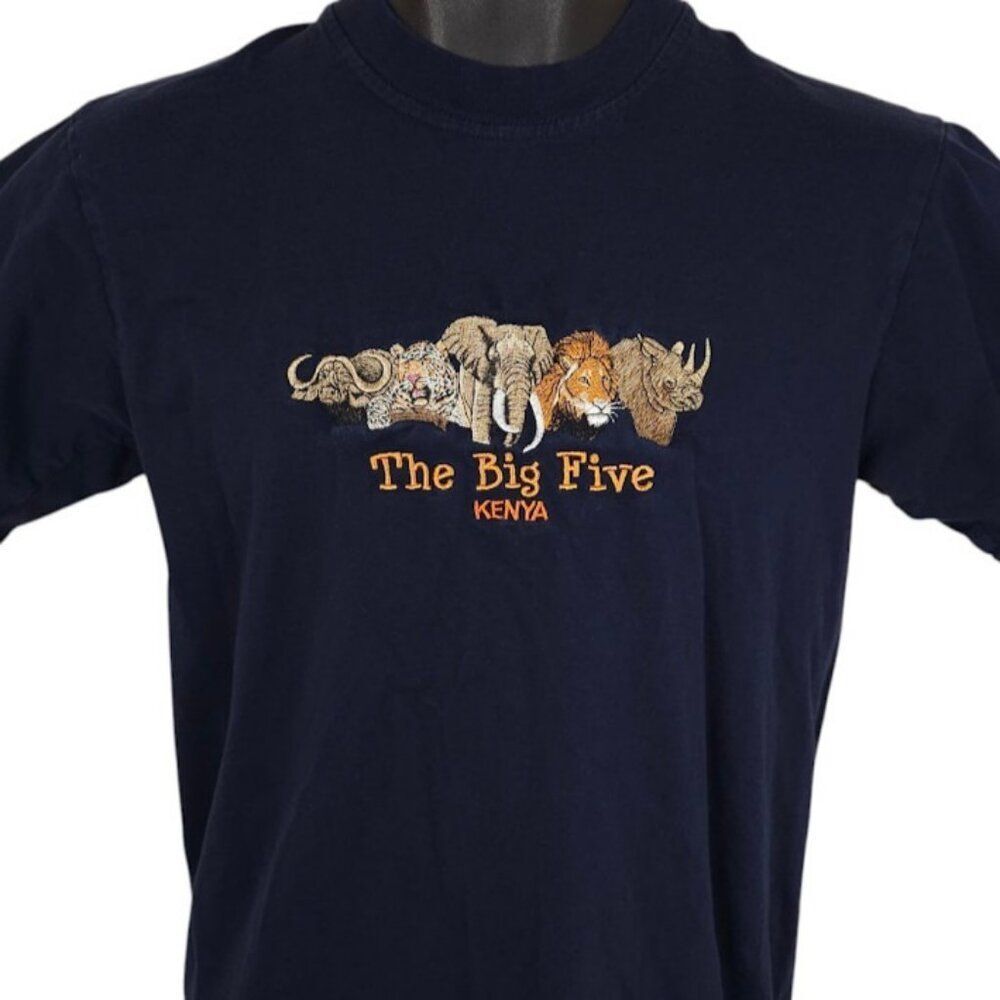 Vintage Kenya T Shirt Mens Size Medium Blue 90s Elephant Lion Rhino Leopard Oxen